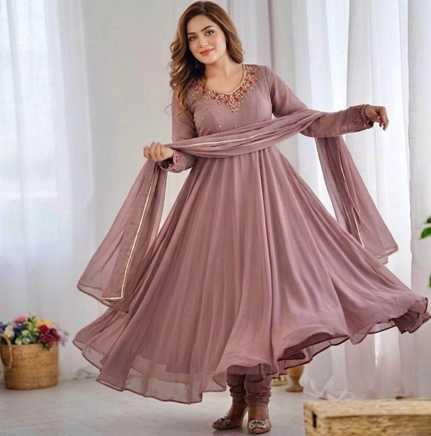 Dusty Rose Color Anarkali Gown Set with Dupatta & Pant, Heavy Georgette Handwork Design