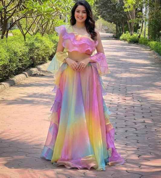Soft Silk Organza Lehenga Set with Digital Print Blouse & Dupatta : Designer Lehenga Choli for Women