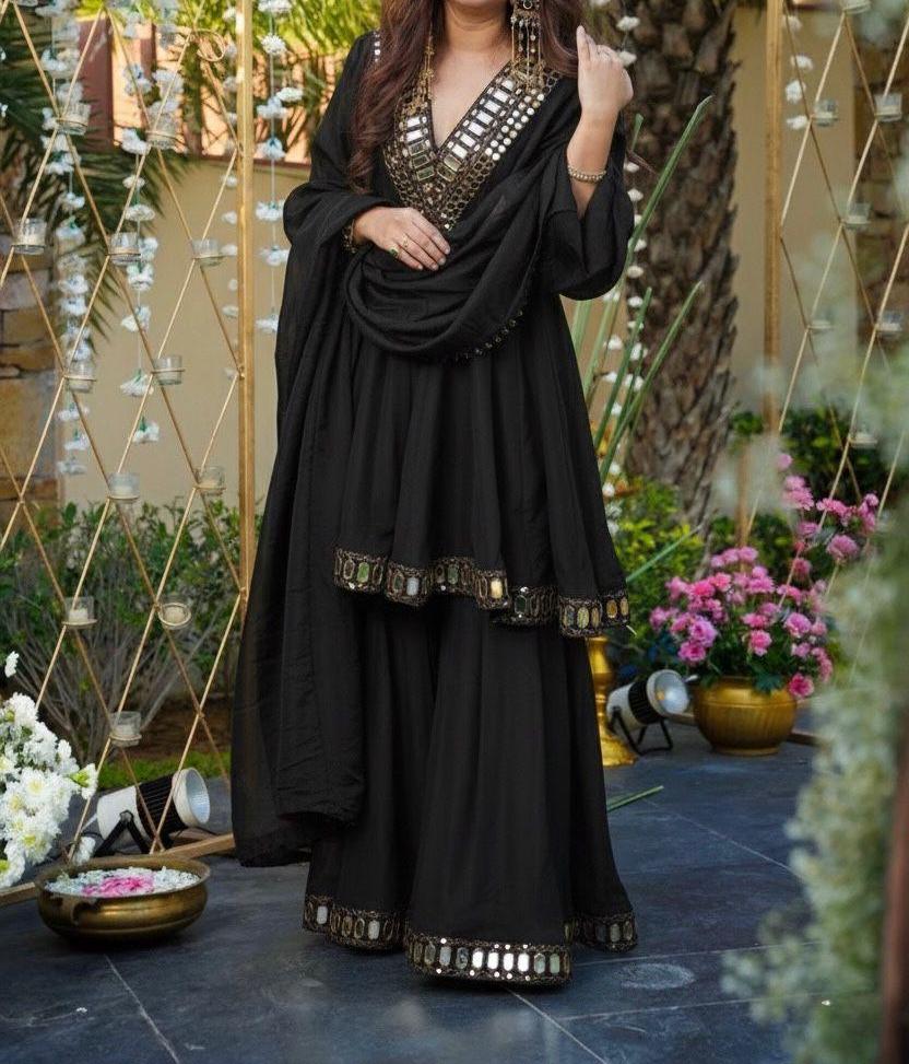 Black Chinon Silk Kurta Palazzo Set, Mirror Work Neck, Festive Ethnic Outfit