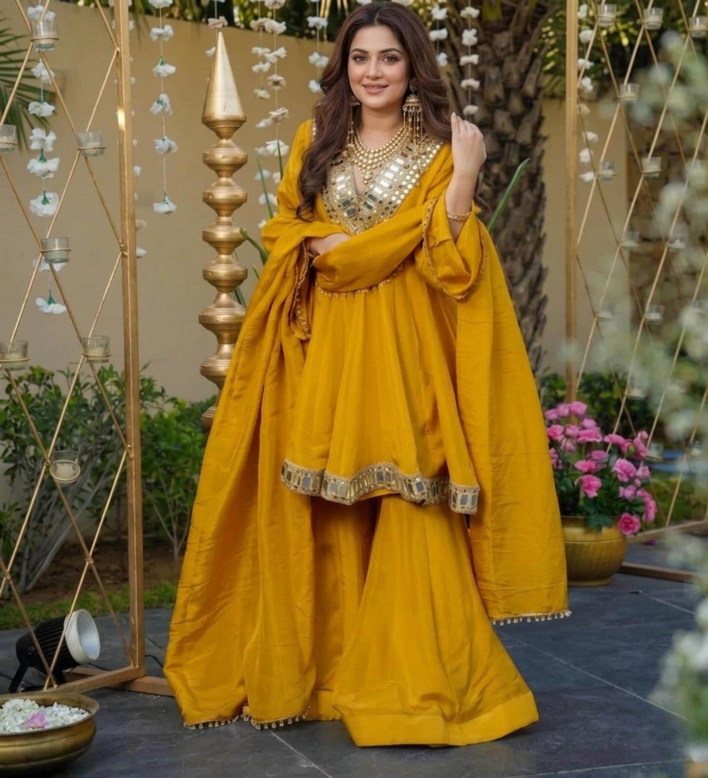 Mirror Work Chinon Silk Kurta Set , Stylish Palazzo Suit with Dupatta : Traditional Festive Wear India