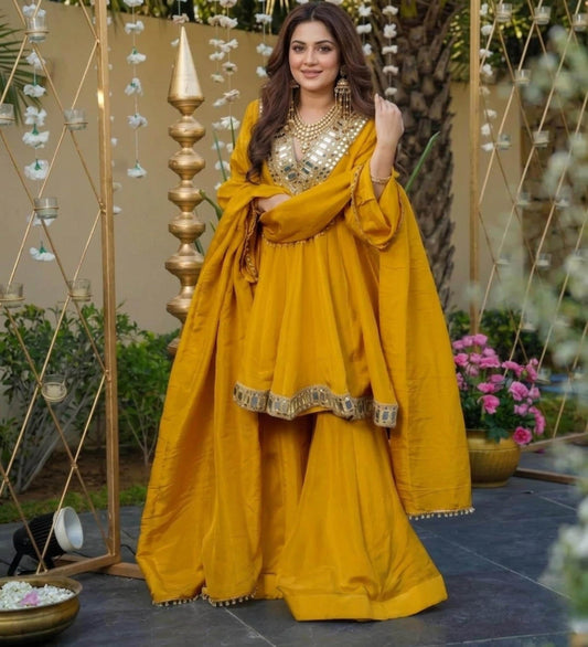 Mirror Work Chinon Silk Kurta Set , Stylish Palazzo Suit with Dupatta : Traditional Festive Wear India