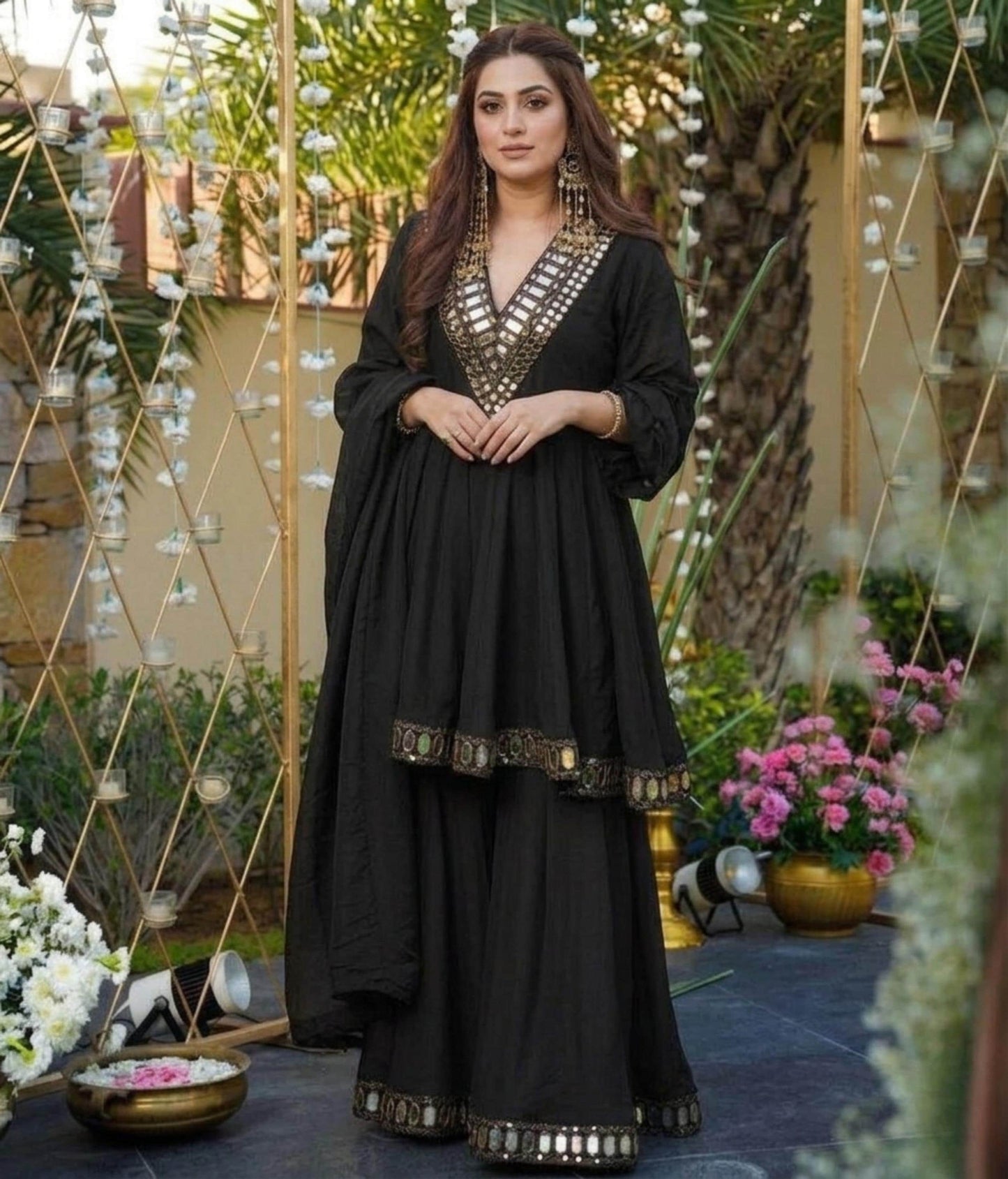 Black Chinon Silk Kurta Palazzo Set, Mirror Work Neck, Festive Ethnic Outfit