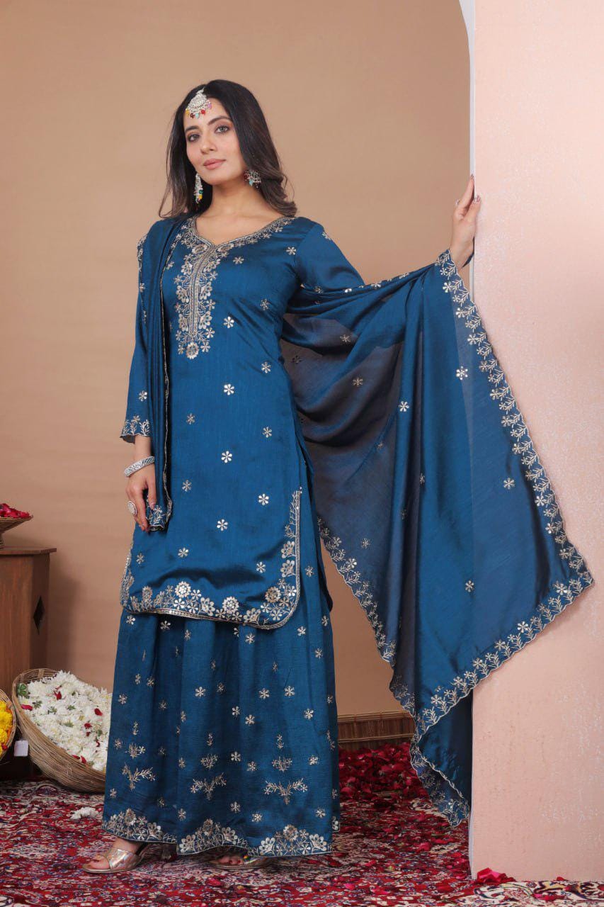Women's Blue Silk Palazzo Suit Set with Sequins Work | Festive Ethnic Wear