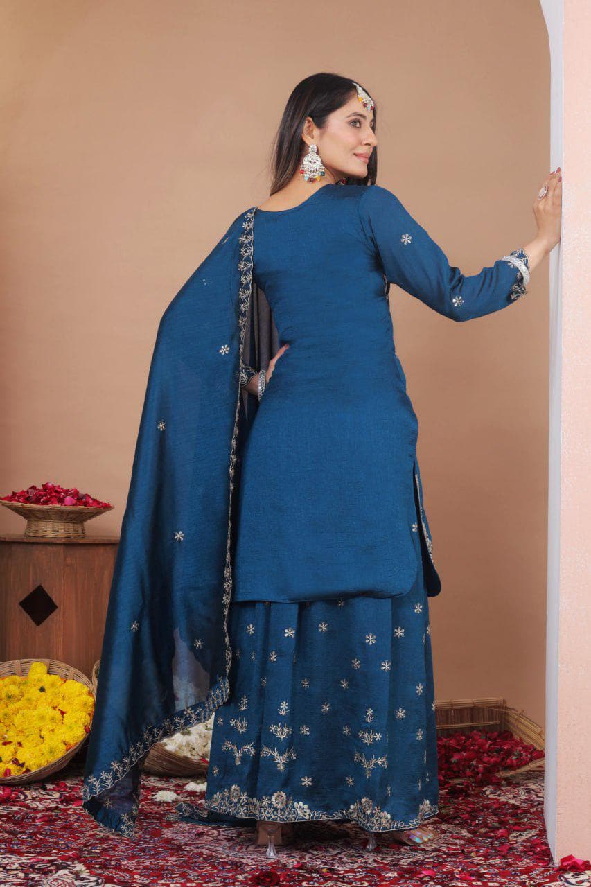 Women's Blue Silk Palazzo Suit Set with Sequins Work | Festive Ethnic Wear