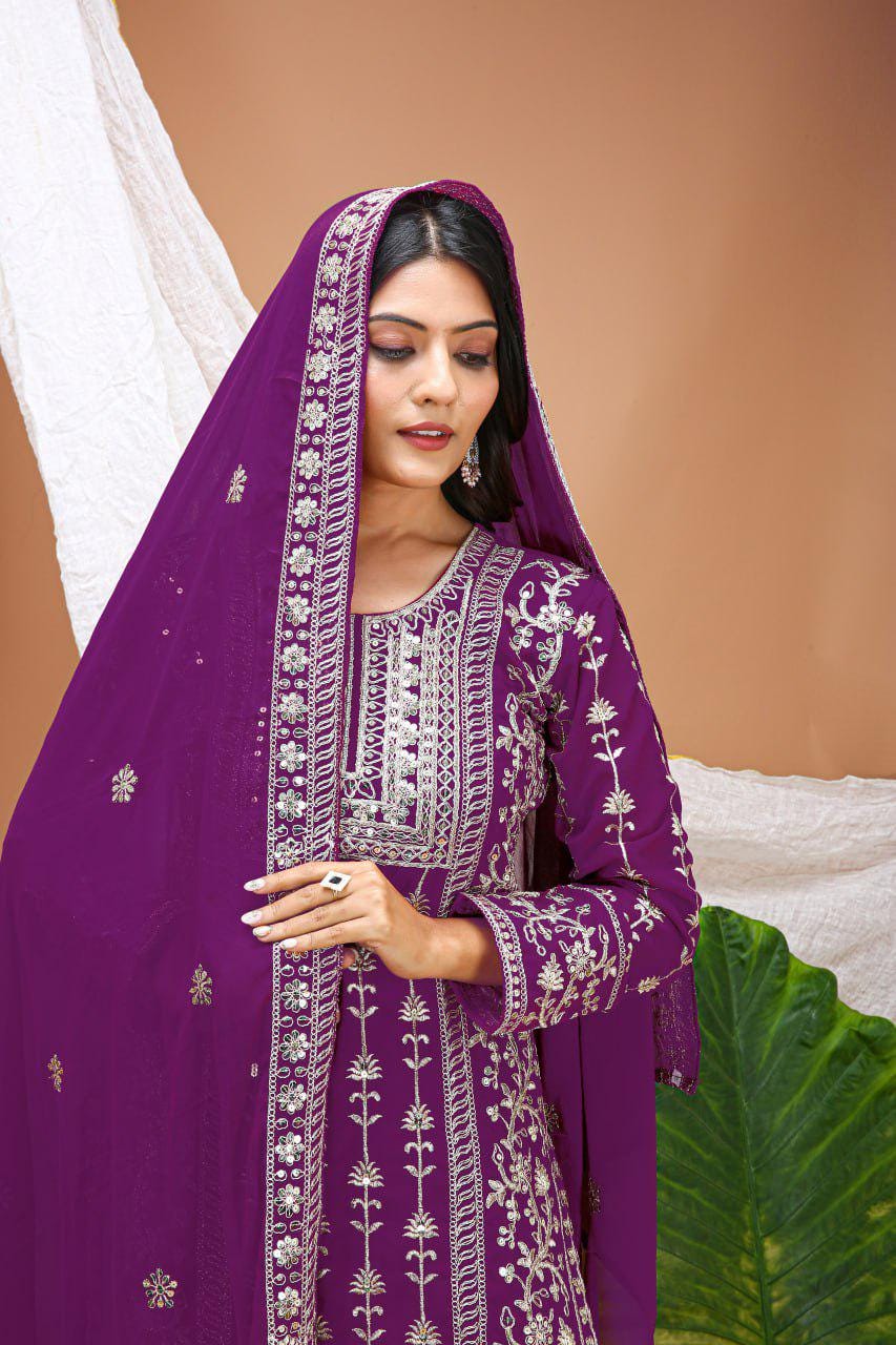 Purple Embroidered Salwar Kameez Suit Set with Dupatta