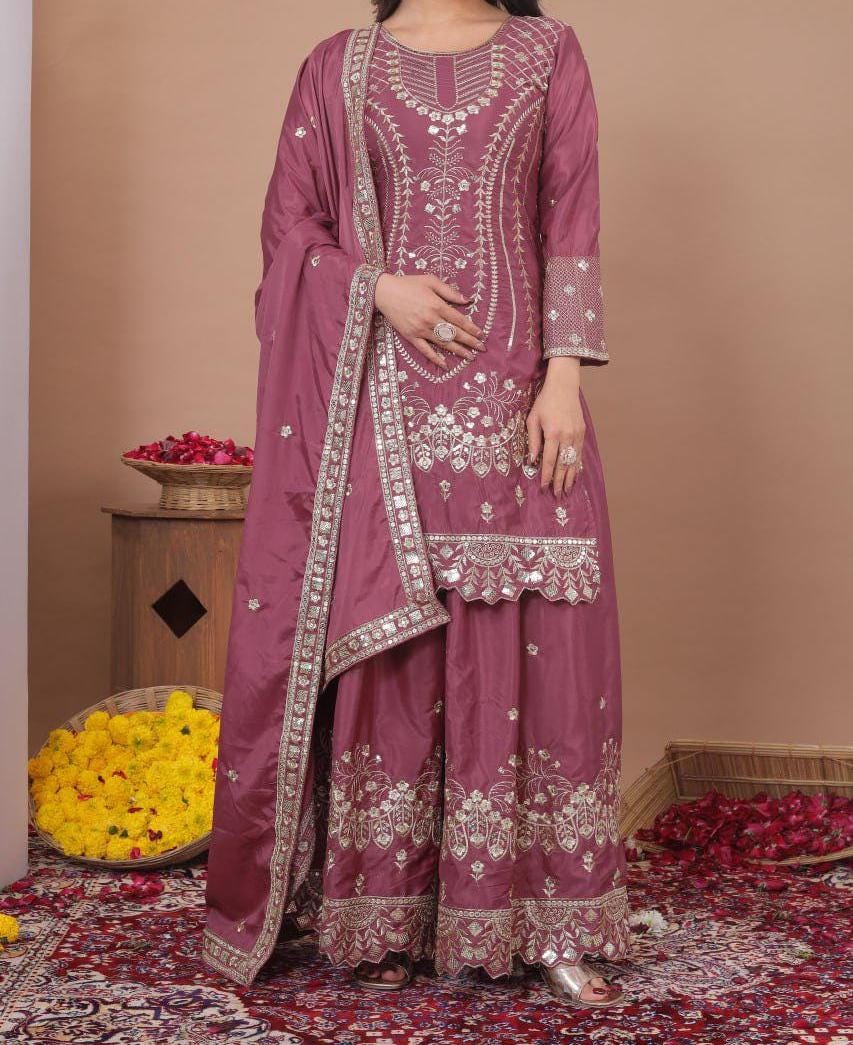 Pink Embroidered Palazzo Suit Set with Dupatta