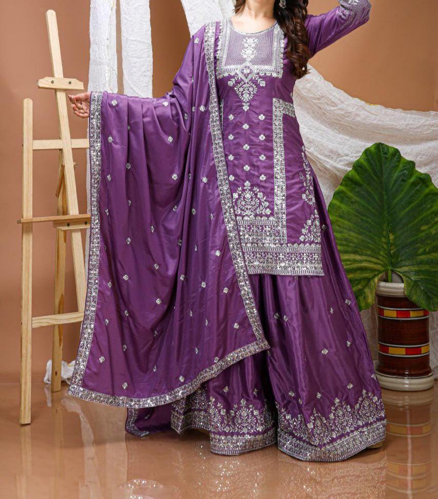 Purple Natural Crepe Embroidered Straight Palazzo Suit For Women