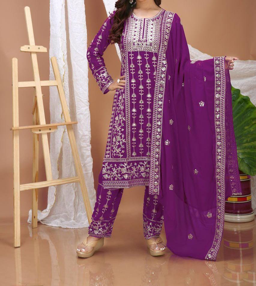 Purple Embroidered Salwar Kameez Suit Set with Dupatta