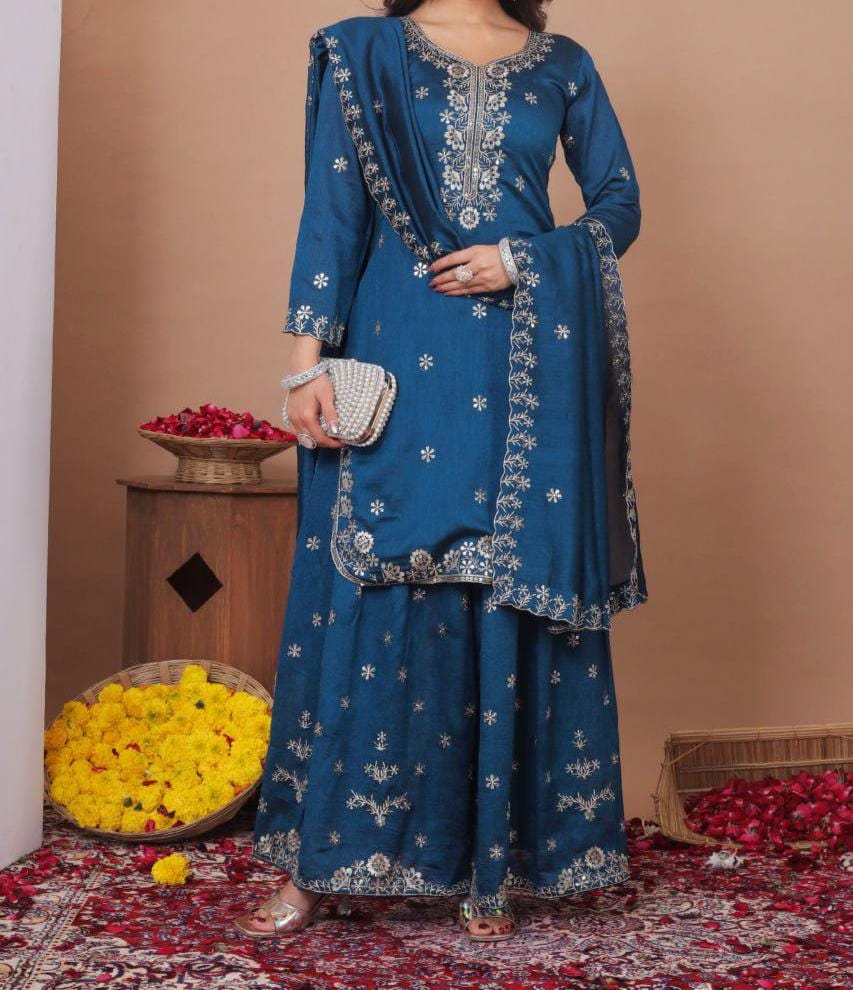 Women's Blue Silk Palazzo Suit Set with Sequins Work | Festive Ethnic Wear