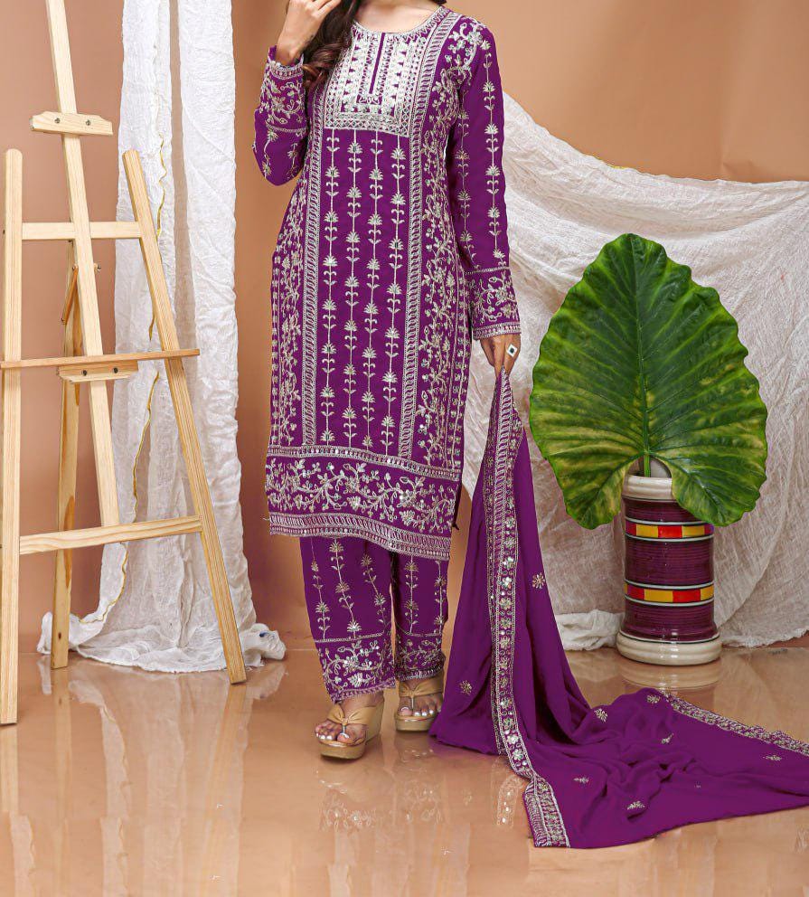 Purple Embroidered Salwar Kameez Suit Set with Dupatta