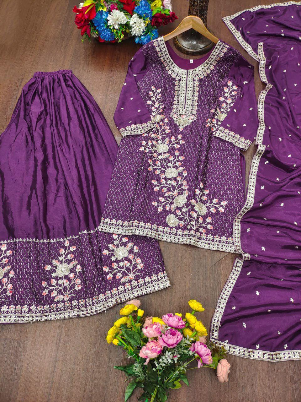 Purple Embroidered Palazzo Suit Set with Dupatta | Pakistani , Eid Wedding Wear