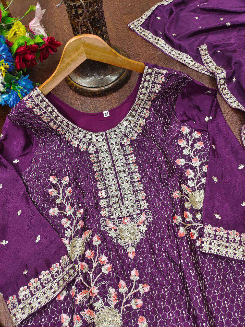Purple Embroidered Palazzo Suit Set with Dupatta | Pakistani , Eid Wedding Wear