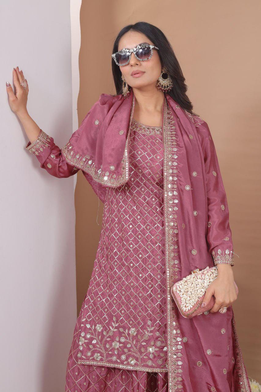 Dusty Rose Chinon Embroidered Palazzo Suit Set with Dupatta