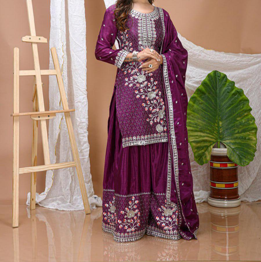 Purple Embroidered Palazzo Suit Set with Dupatta | Pakistani , Eid Wedding Wear