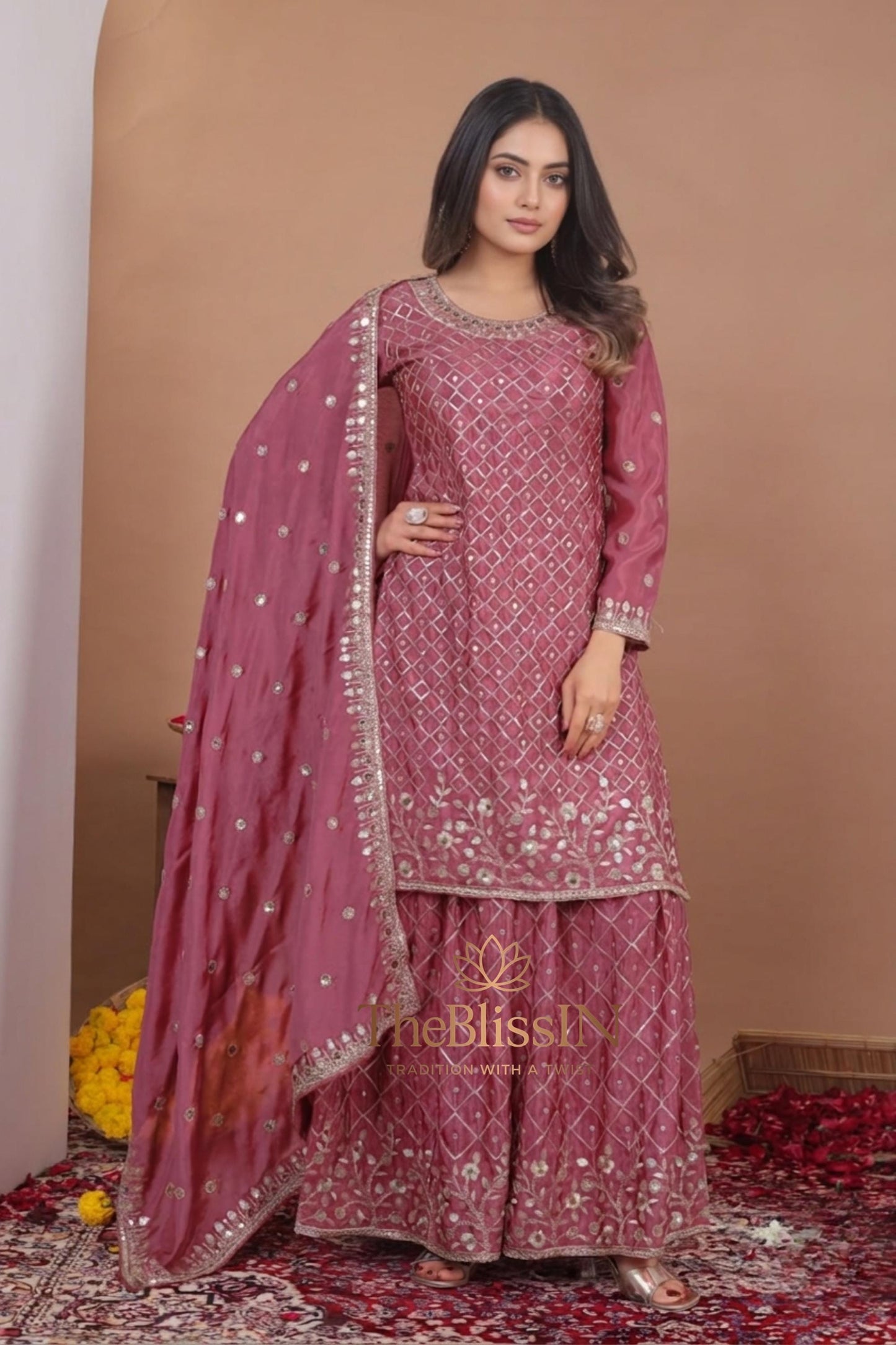 Dusty Rose Chinon Embroidered Palazzo Suit Set with Dupatta