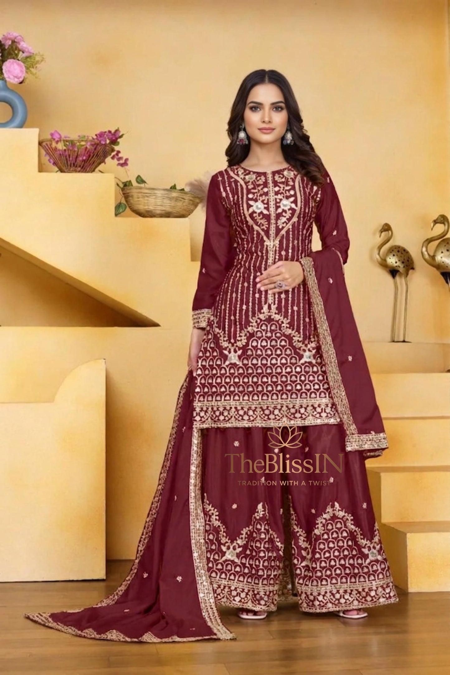 Maroon Embroidered Pakistani Palazzo Suit For Women Festive Season , Eid Dress