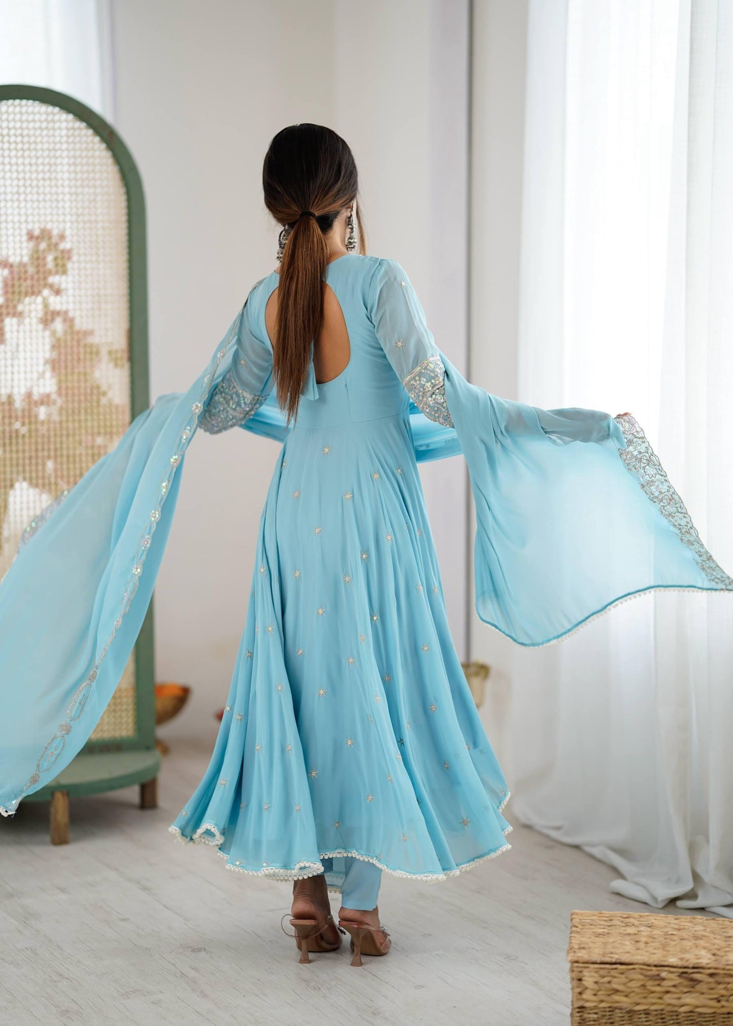 Designer Sky Blue Faux Georgette Readymade Anarkali Suit with Dupatta