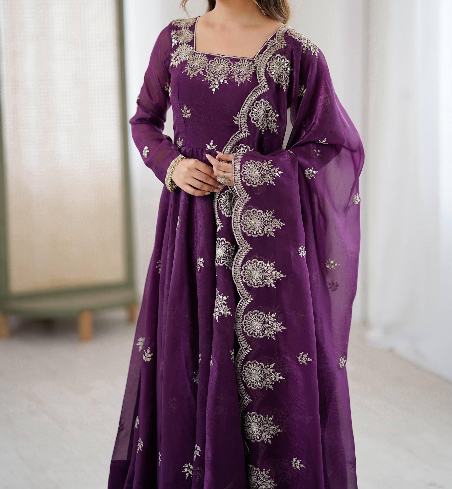 Royal Purple Embroidered Crunchy Silk Anarkali Gown with Dupatta Set
