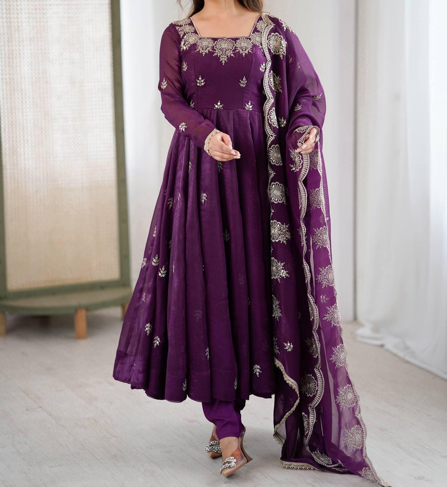 Royal Purple Embroidered Crunchy Silk Anarkali Gown with Dupatta Set