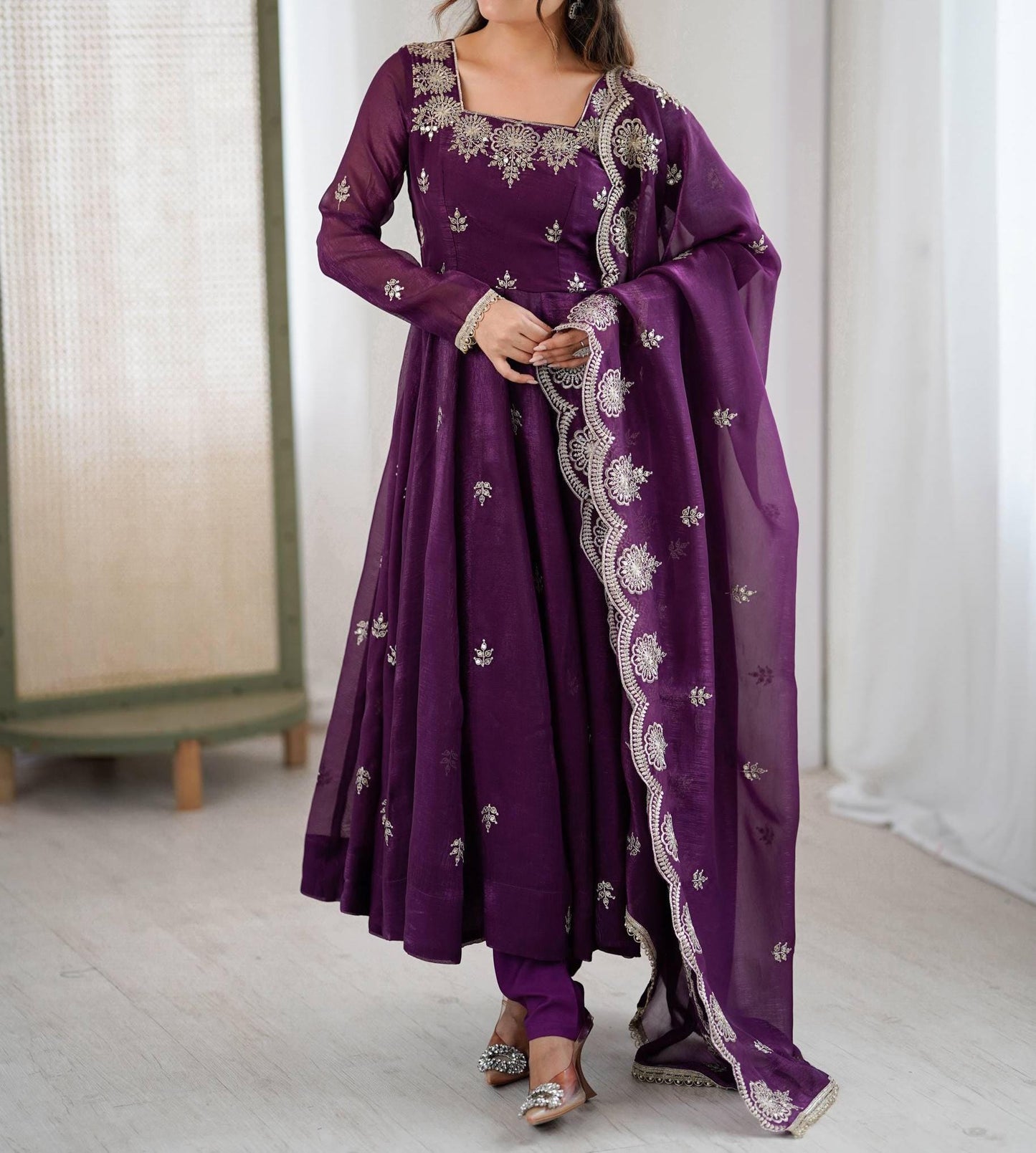 Royal Purple Embroidered Crunchy Silk Anarkali Gown with Dupatta Set
