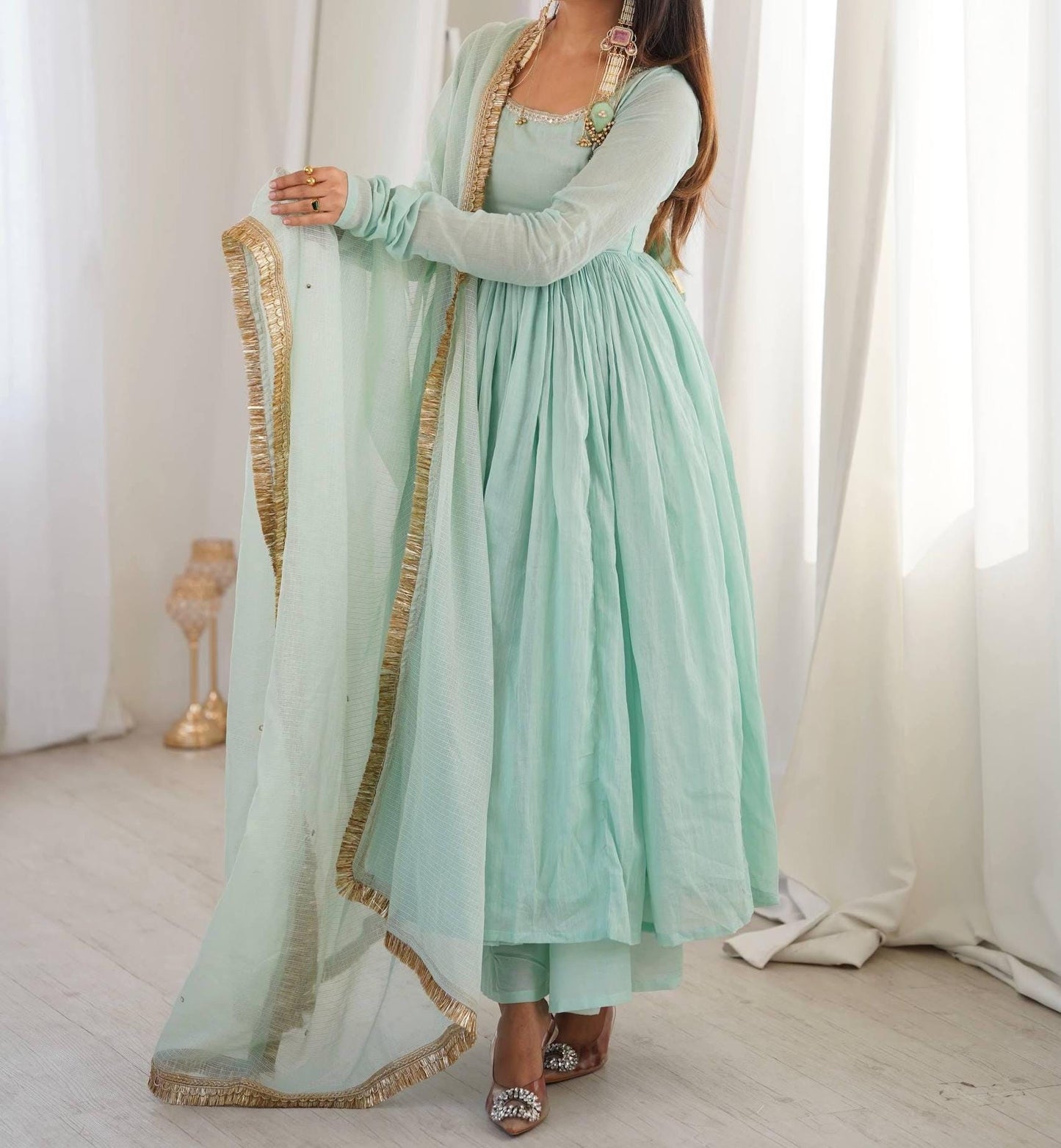 Sea Green Georgette Anarkali Gown with Designer Lace Work and Full Sleeves