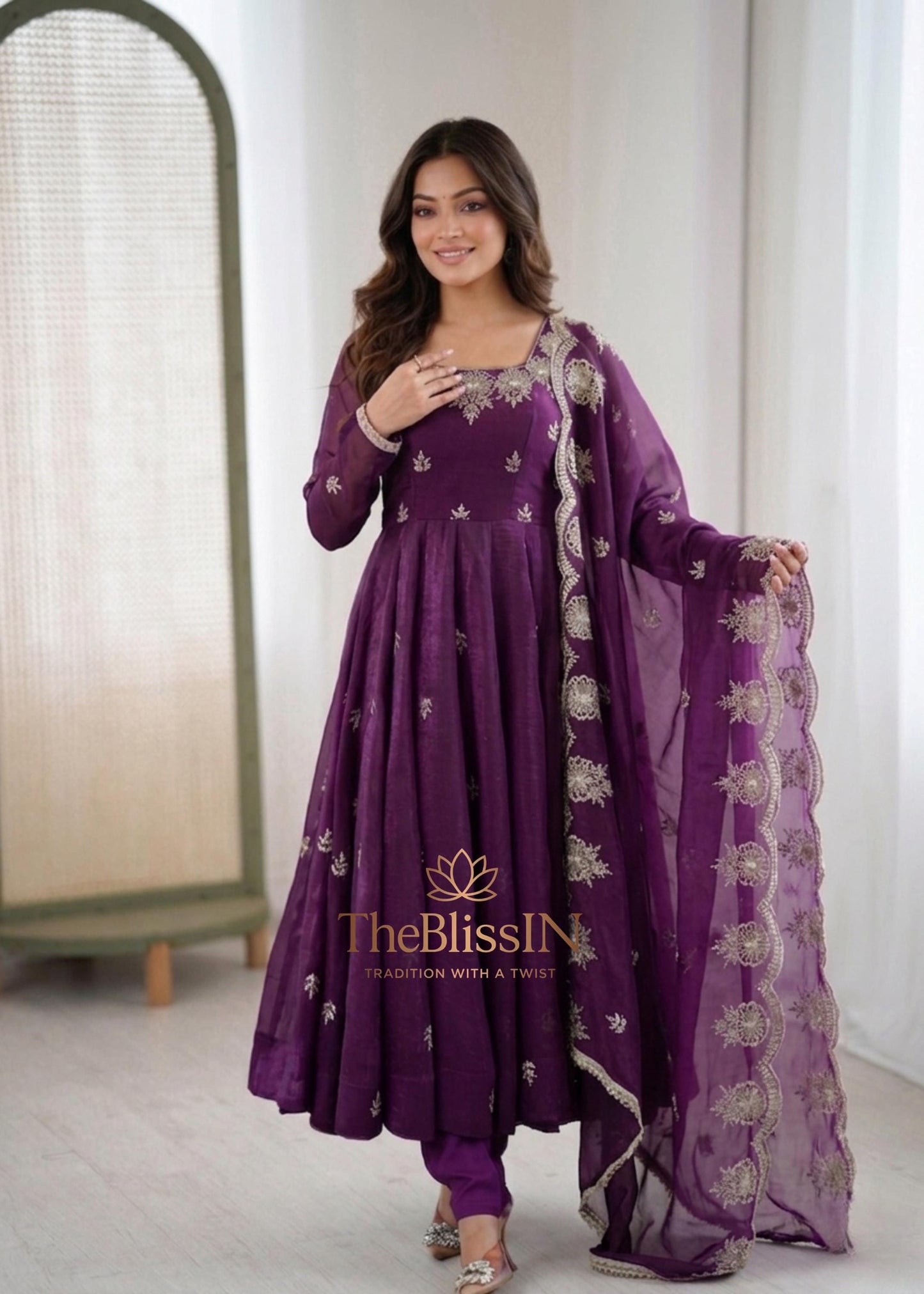 Royal Purple Embroidered Crunchy Silk Anarkali Gown with Dupatta Set