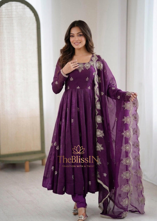 Royal Purple Embroidered Crunchy Silk Anarkali Gown with Dupatta Set