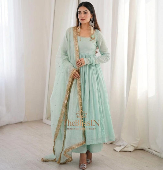 Sea Green Georgette Anarkali Gown with Designer Lace Work and Full Sleeves