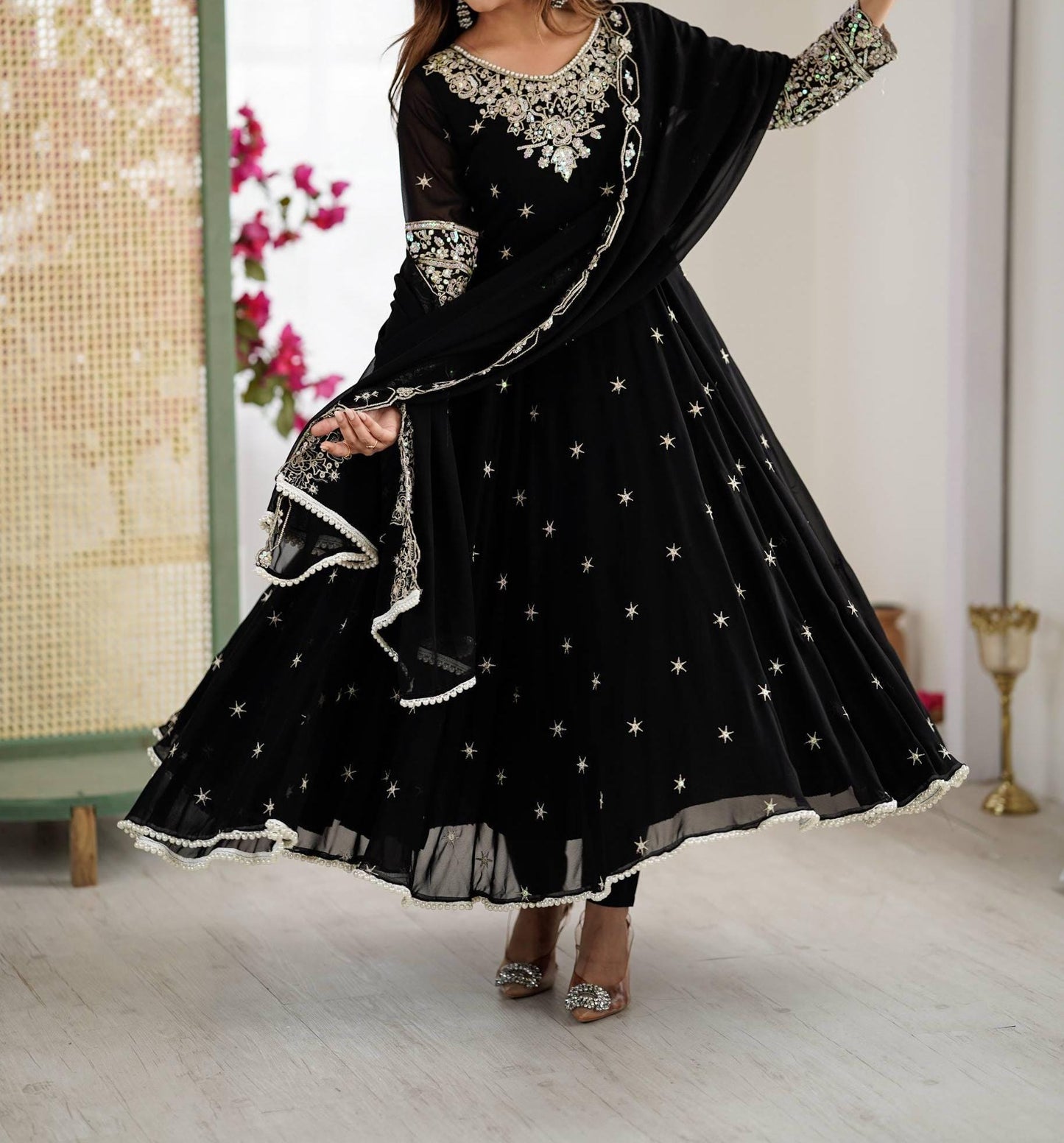 Women's Embroidered Faux Georgette Anarkali Kurta Set with Dupatta