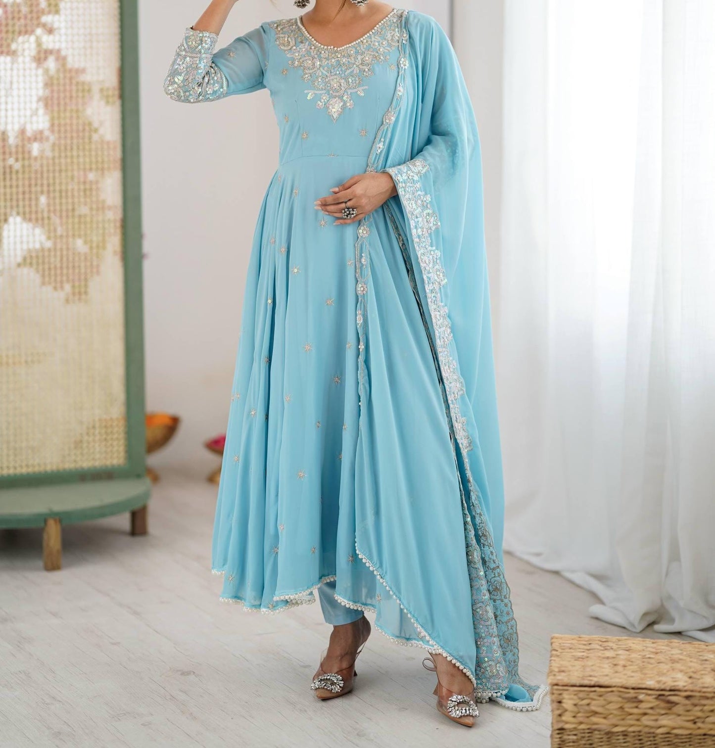Designer Sky Blue Faux Georgette Readymade Anarkali Suit with Dupatta