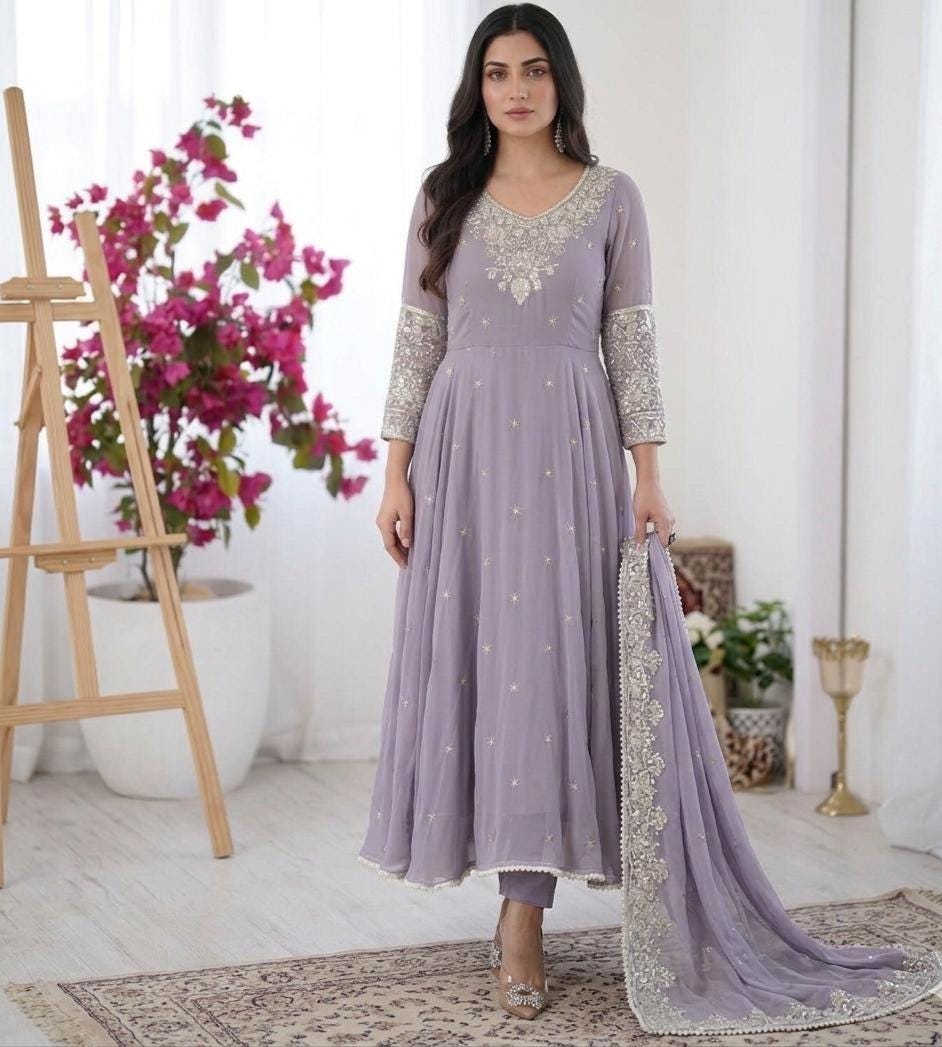 Lavender Embroidered Anarkali Gown with Dupatta | Indian Wedding Guest Party Wear
