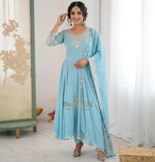 Designer Sky Blue Faux Georgette Readymade Anarkali Suit with Dupatta