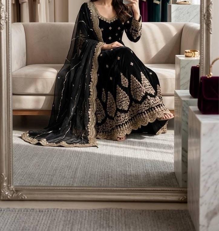 Anarkali Gown with Golden Embroidered Dupatta , Long salwar kameez