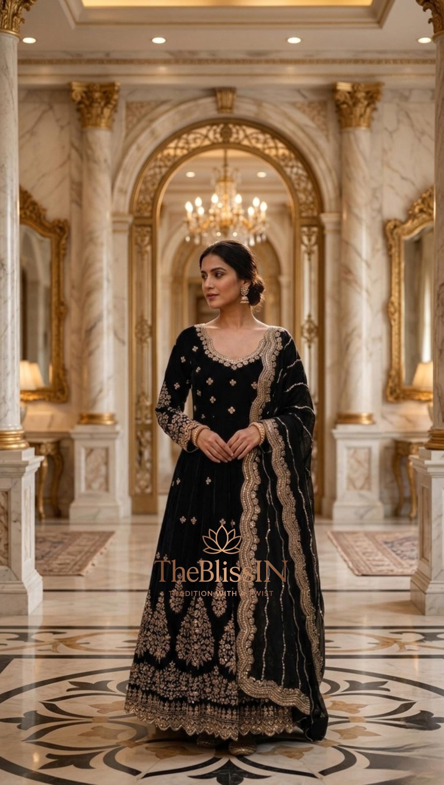 Anarkali Gown with Golden Embroidered Dupatta , Long salwar kameez