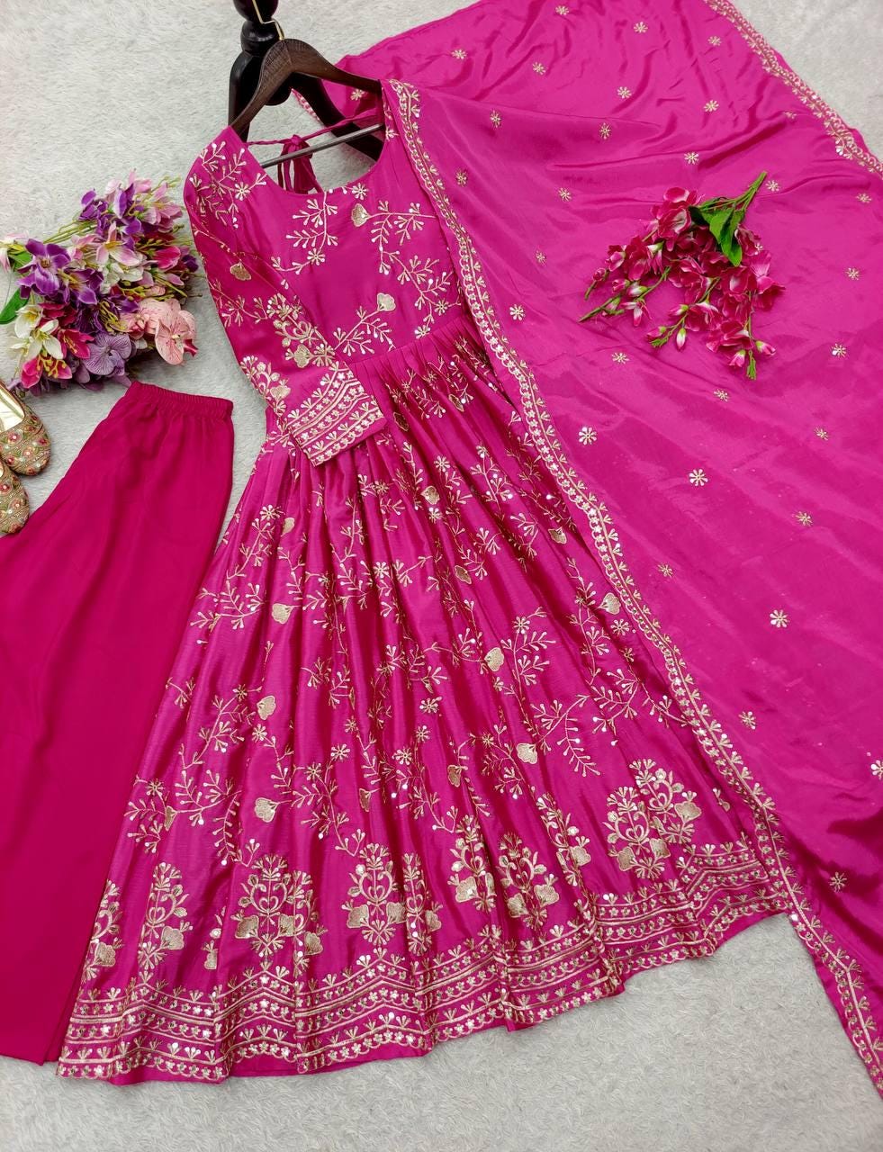 Rani Pink Embroidered Anarkali Kurta Set , Sequence Long Dress