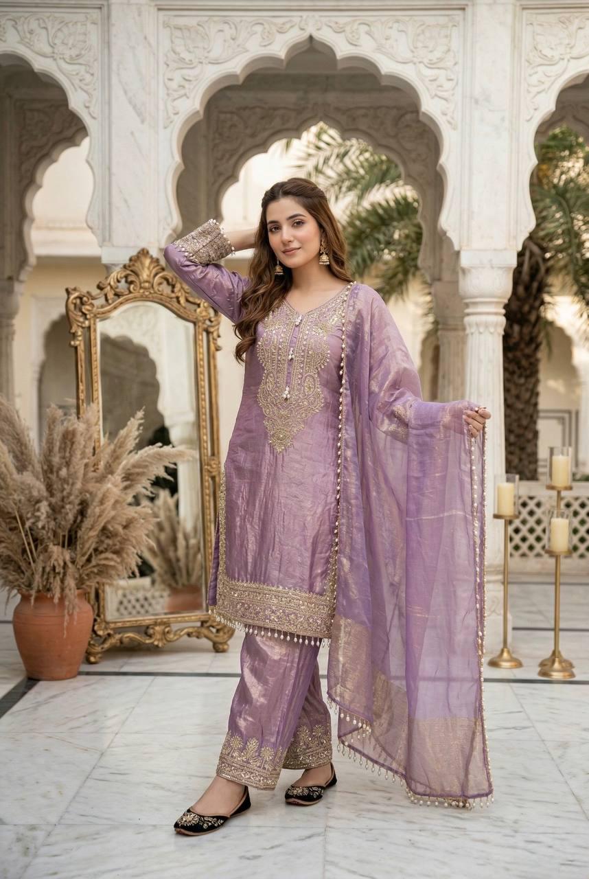 Lavender Silk Embroidered Suit with Palazzo and Dupatta