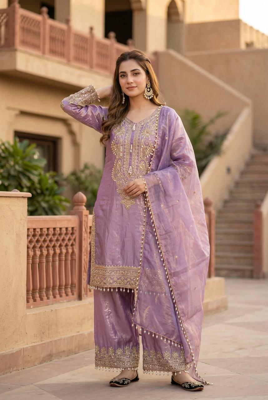 Lavender Silk Embroidered Suit with Palazzo and Dupatta