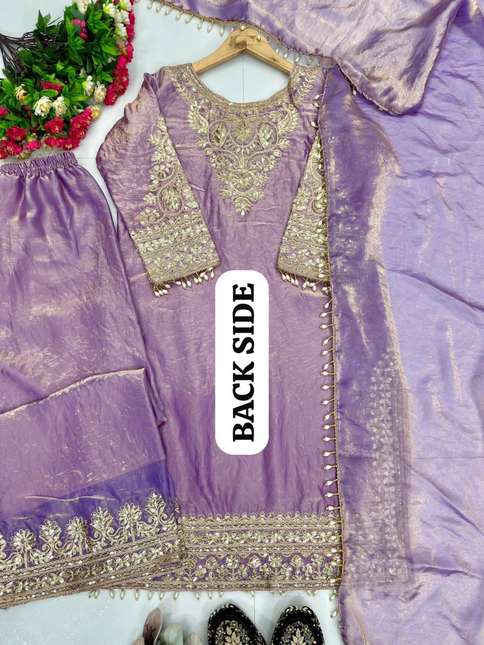 Lavender Silk Embroidered Suit with Palazzo and Dupatta