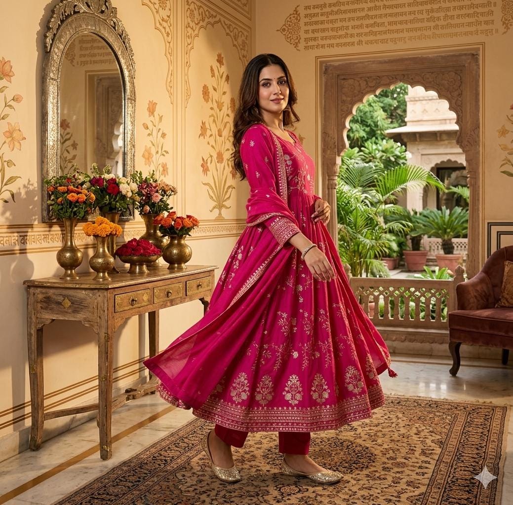 Rani Pink Embroidered Anarkali Kurta Set , Sequence Long Dress