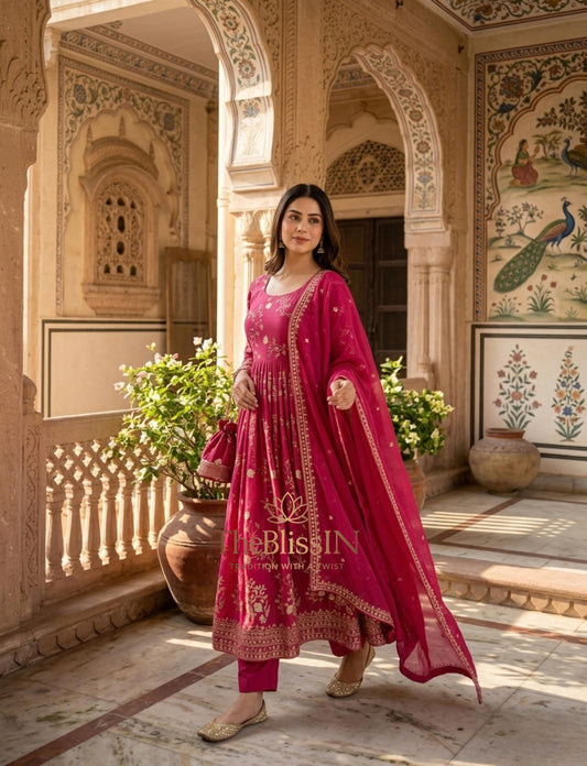 Rani Pink Embroidered Anarkali Kurta Set , Sequence Long Dress