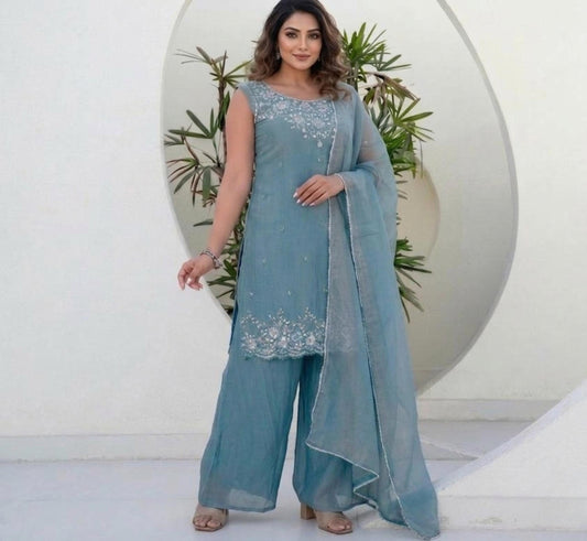 Sleeveless Embroidered Crepe Kurta with Palazzo Pants and Matching Dupatta , Readymade 3-piece ethnic set