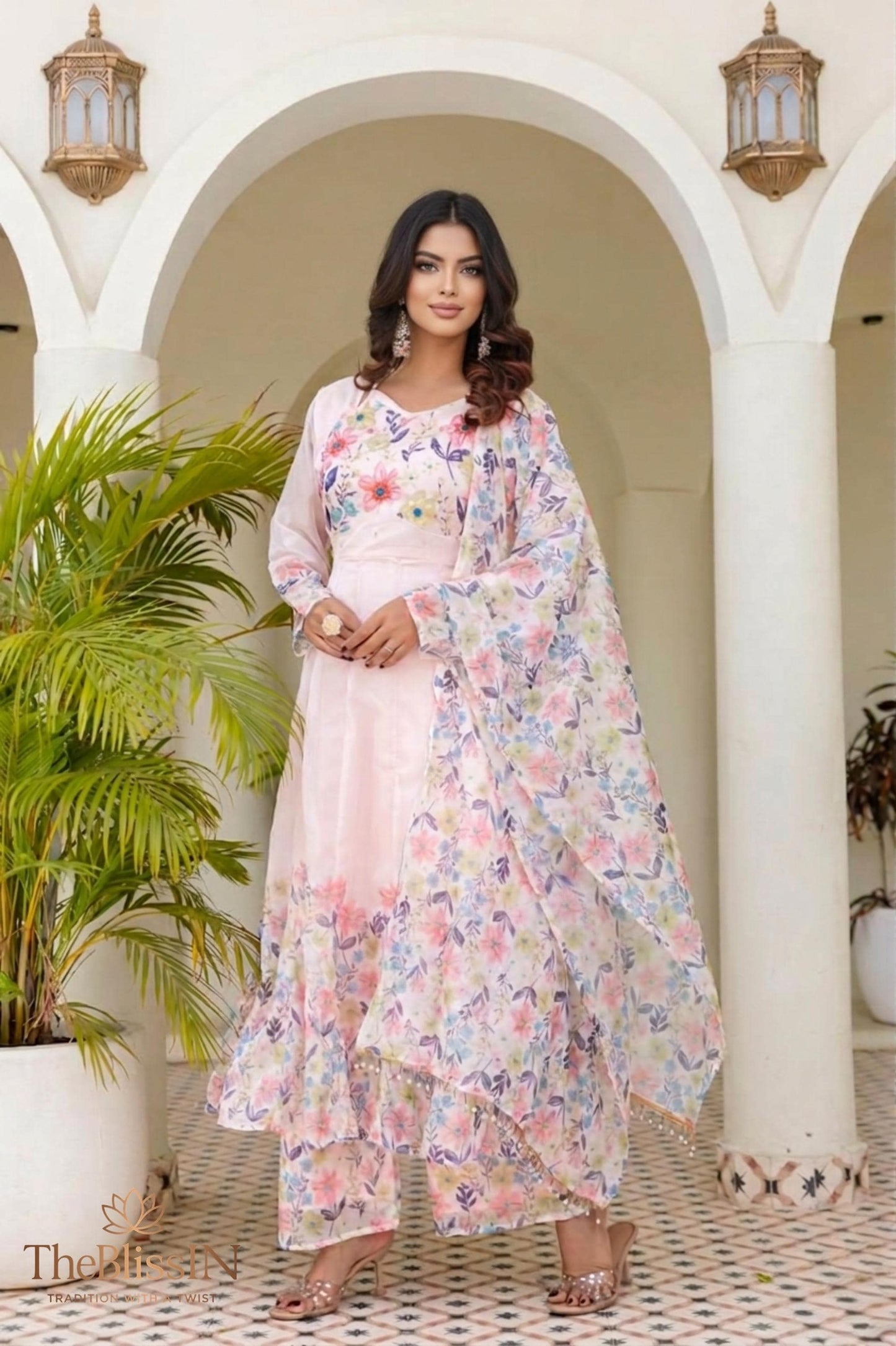 Women's Pink Floral Printed Organza Anarkali Suit Set with Dupatta & Pant