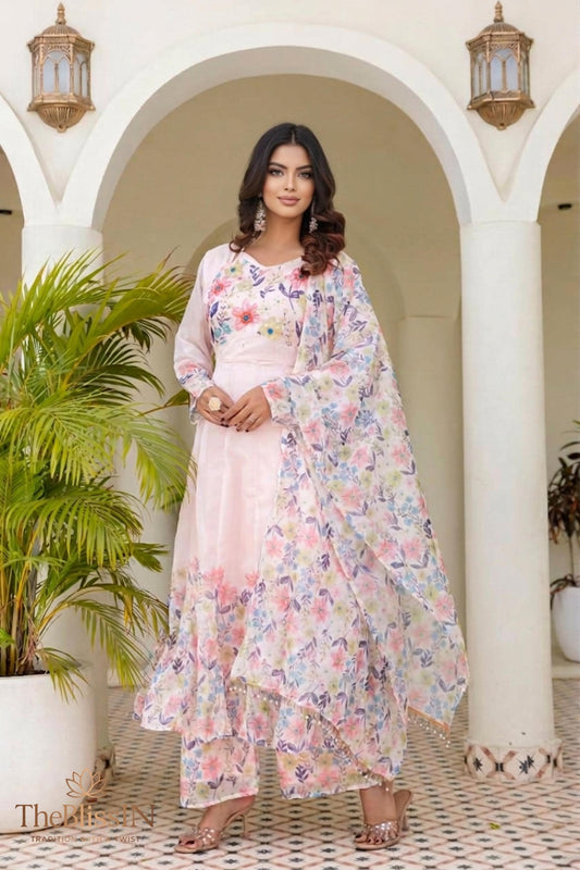 Women's Pink Floral Printed Organza Anarkali Suit Set with Dupatta & Pant