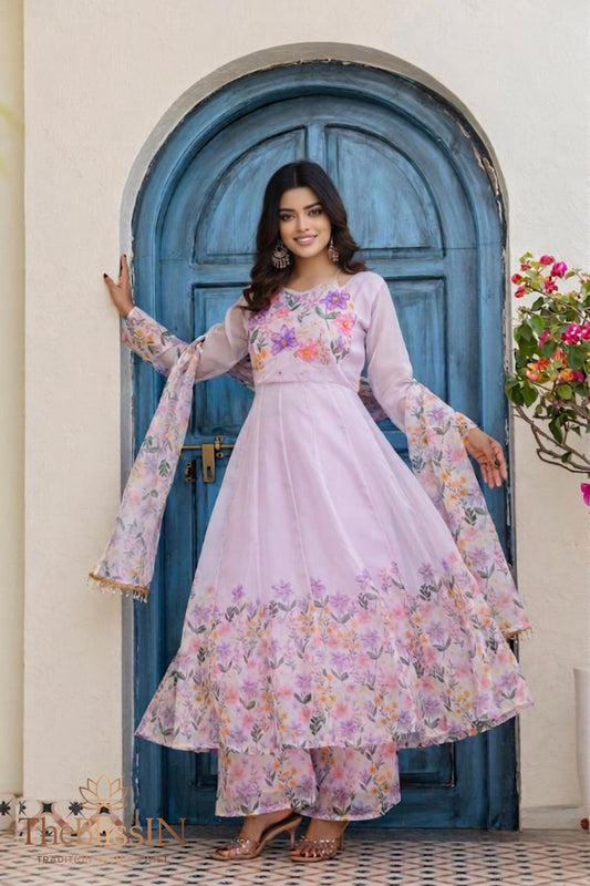 Pink Pastel-Colored Floral Printed Anarkali Gown Set For Women