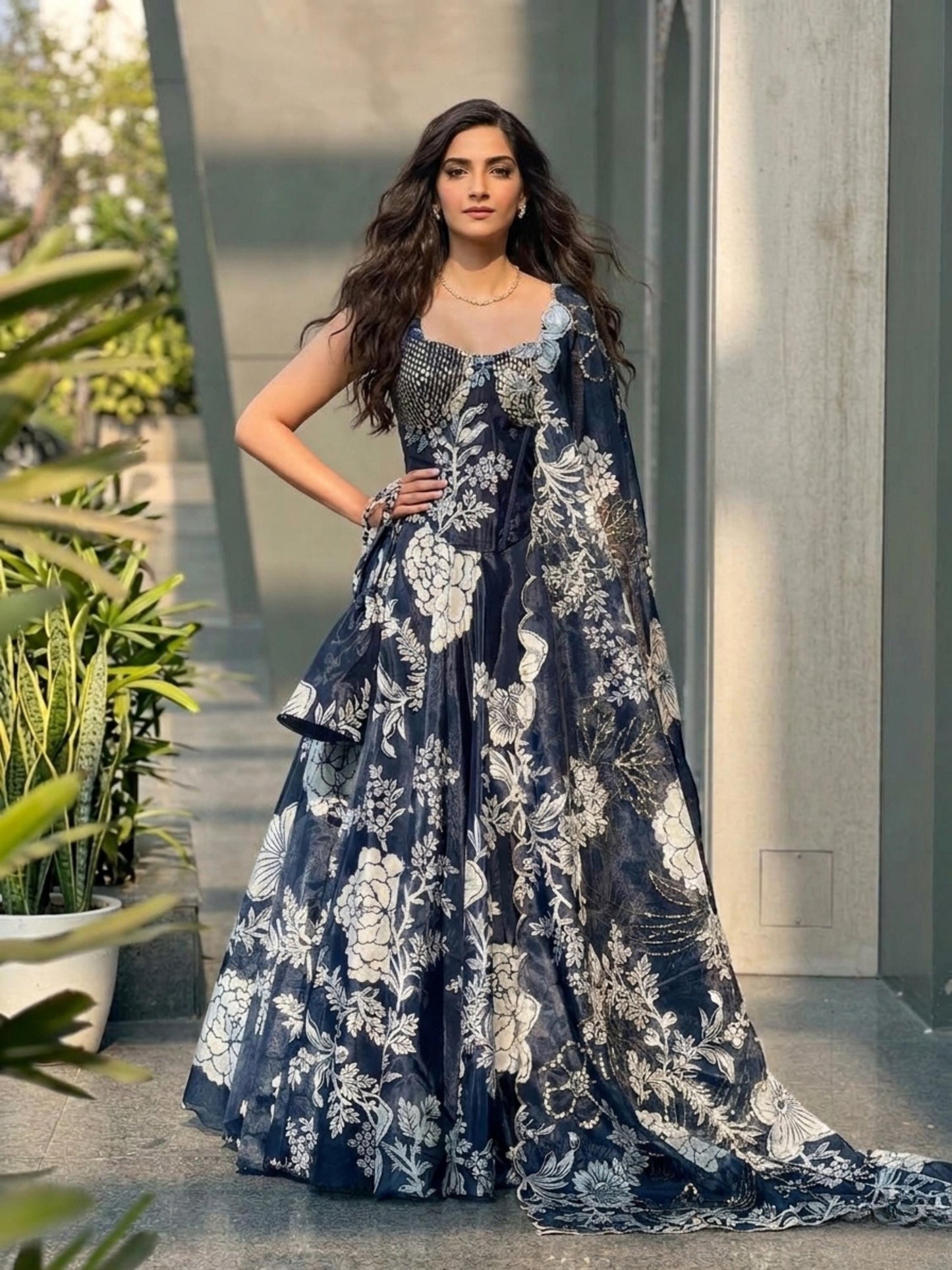 Black Floral Print Organza Lehenga Choli : Designer Party Wear Lehenga