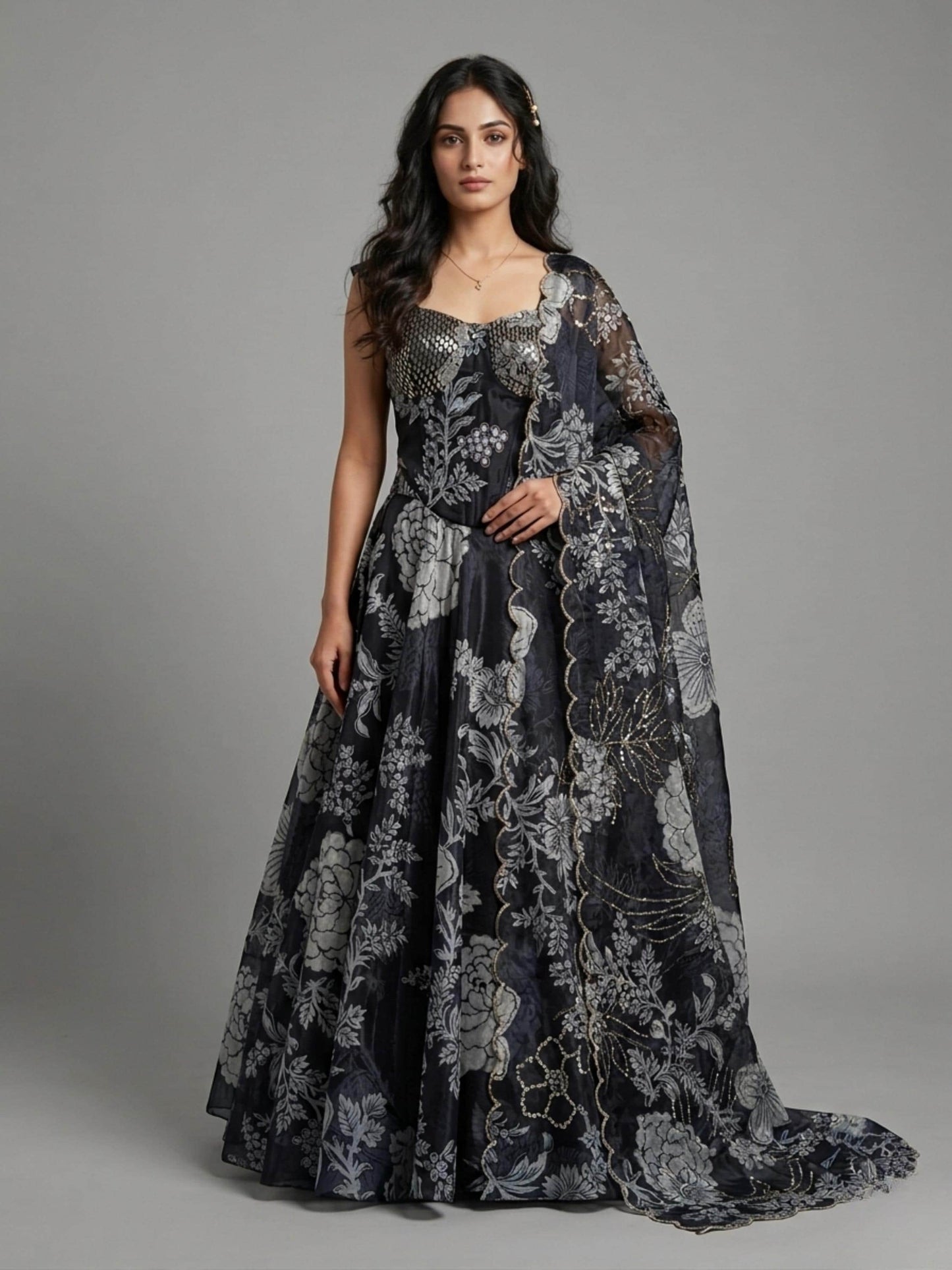 Black Floral Print Organza Lehenga Choli : Designer Party Wear Lehenga