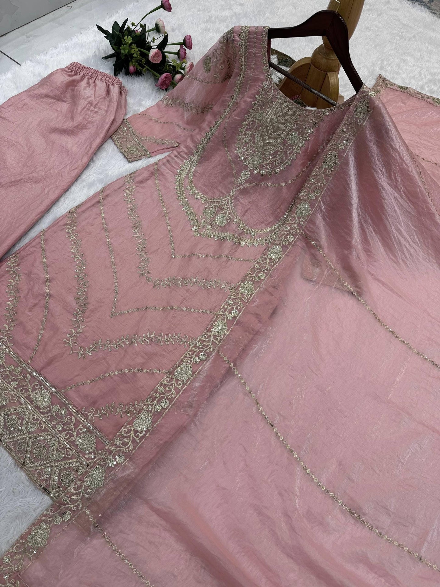 Luxury Friendly Silk Embroidery Sequence Work Kurta Palazzo Set with Dupatta