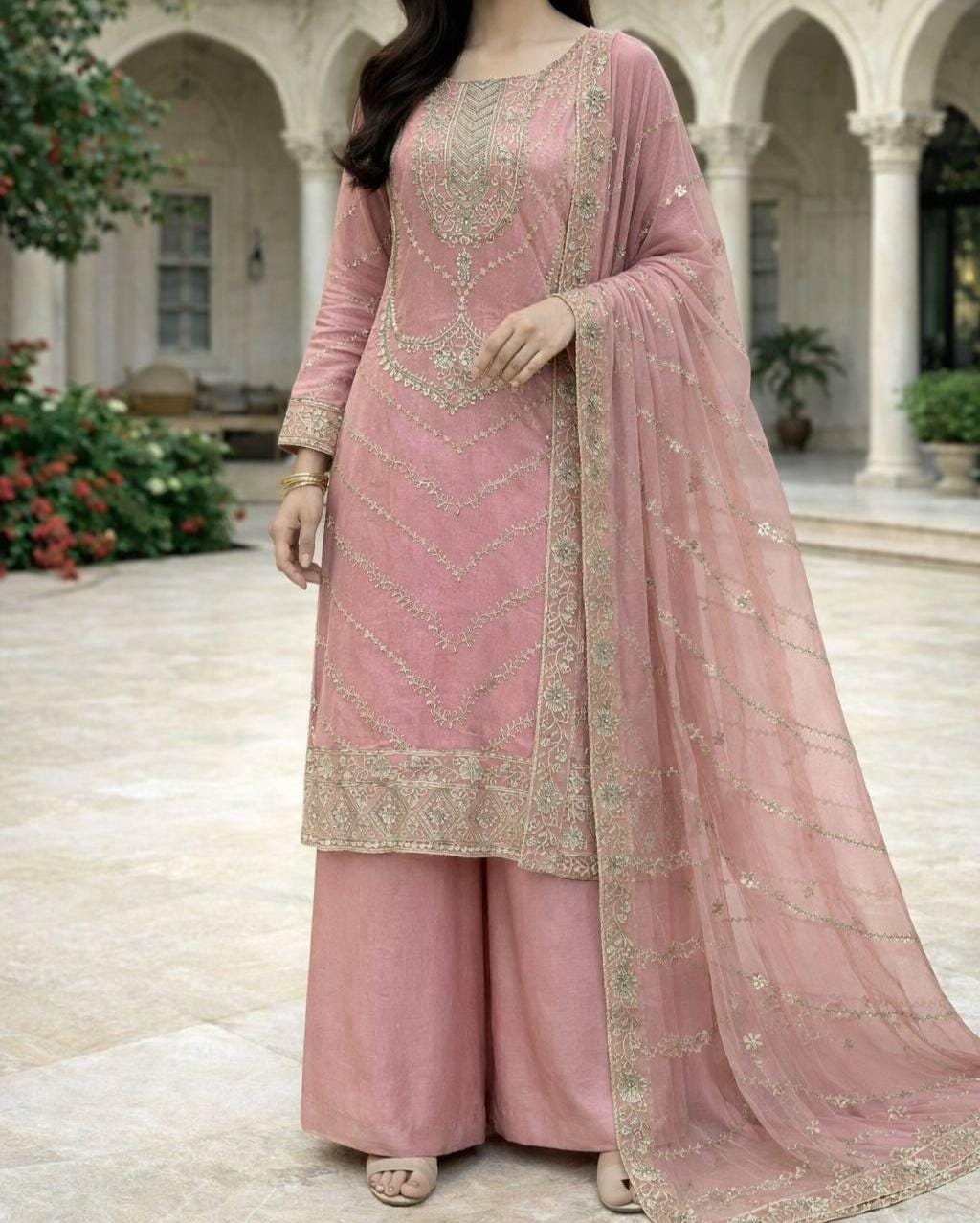 Luxury Friendly Silk Embroidery Sequence Work Kurta Palazzo Set with Dupatta