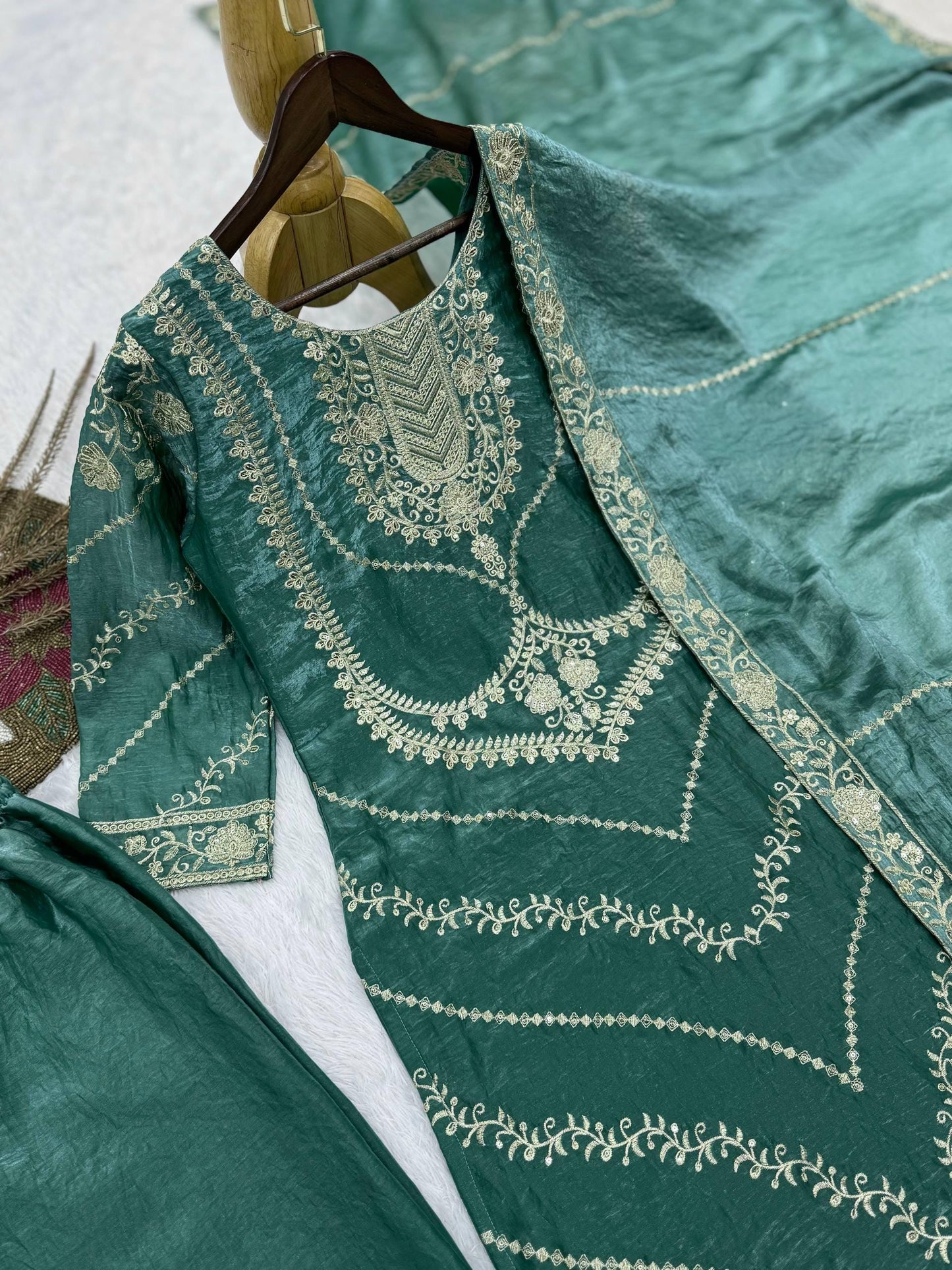 Designer Silk Kurti Palazzo Set with Embroidery Sequence Work & Dupatta