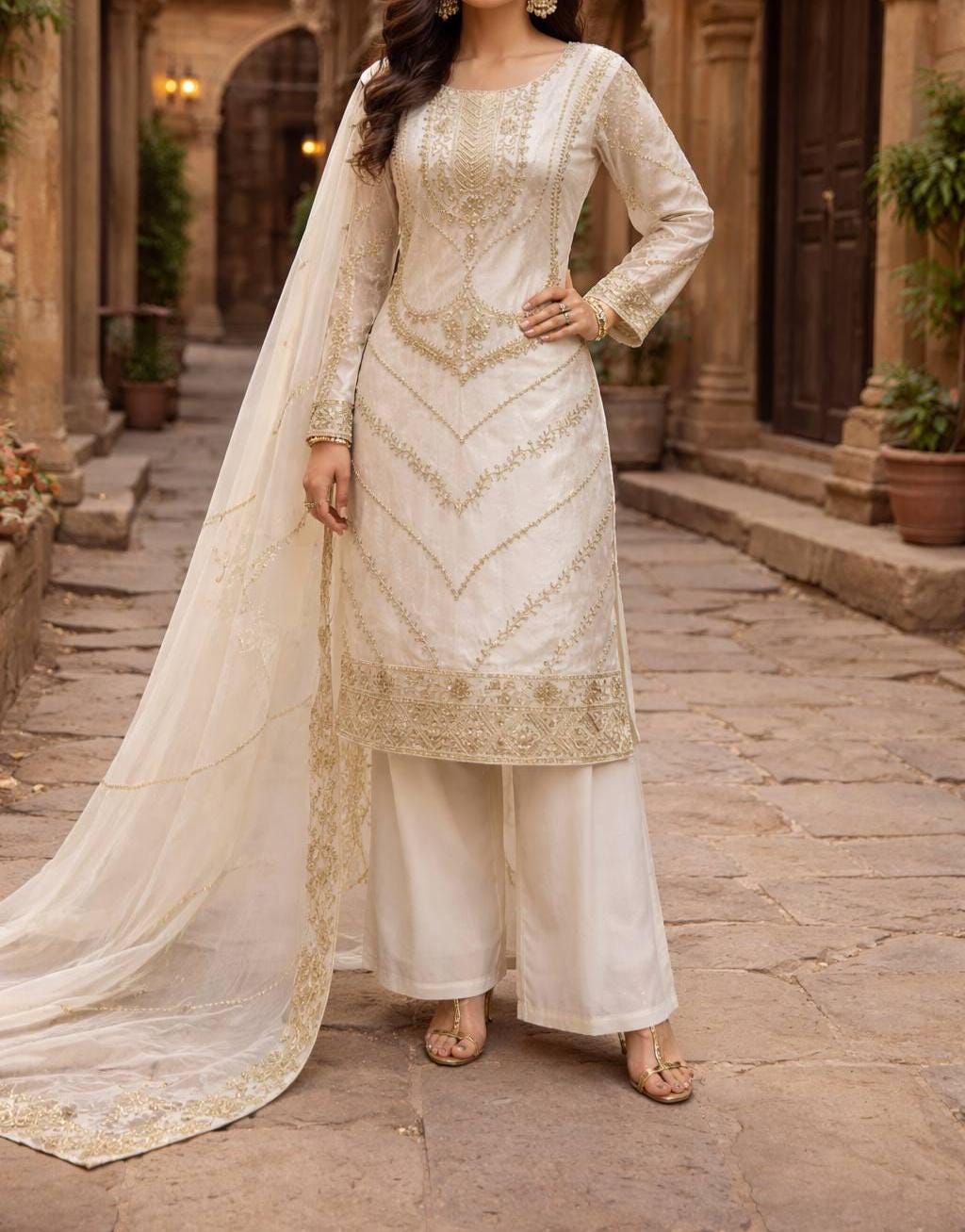 Elegant Silk Embroidered Kurta Palazzo Suit Set with Dupatta – Festive Wear
